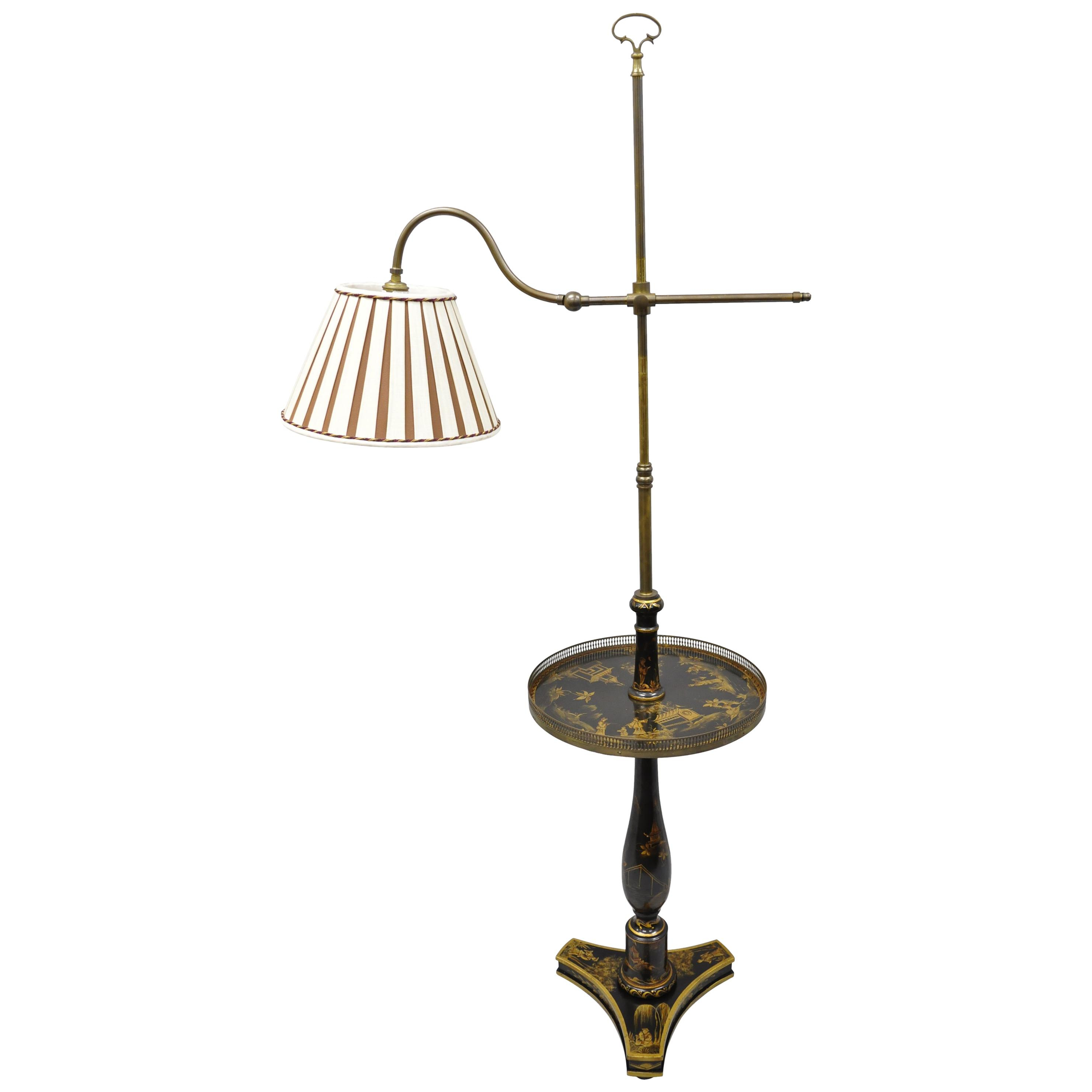 Chinoiserie Black And Gold Lacquer Brass Accent Adjustable Floor Lamp With Table with regard to size 2962 X 2962