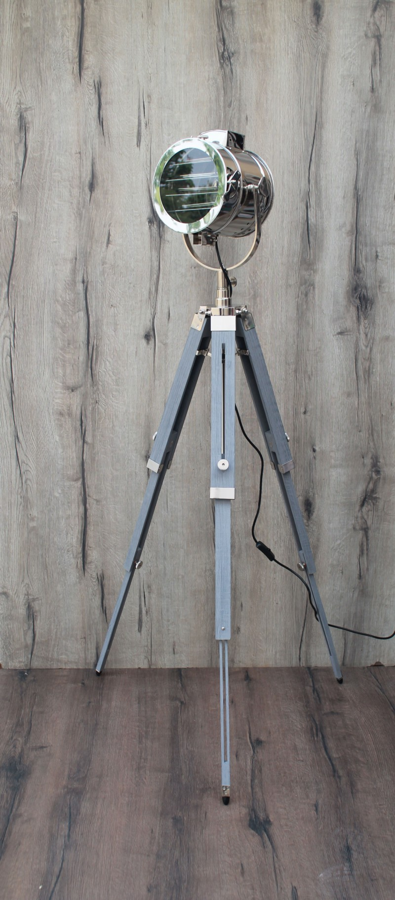 Chrome Head Natural Spotlight Grey Tripod Wood Corner Floor Lamp in size 800 X 1823