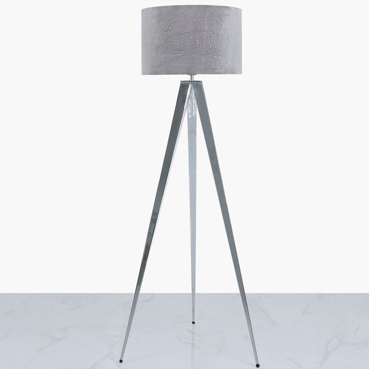 Chrome Tripod Floor Lamp With Grey Velvet Sparkle Shade for sizing 1280 X 1280
