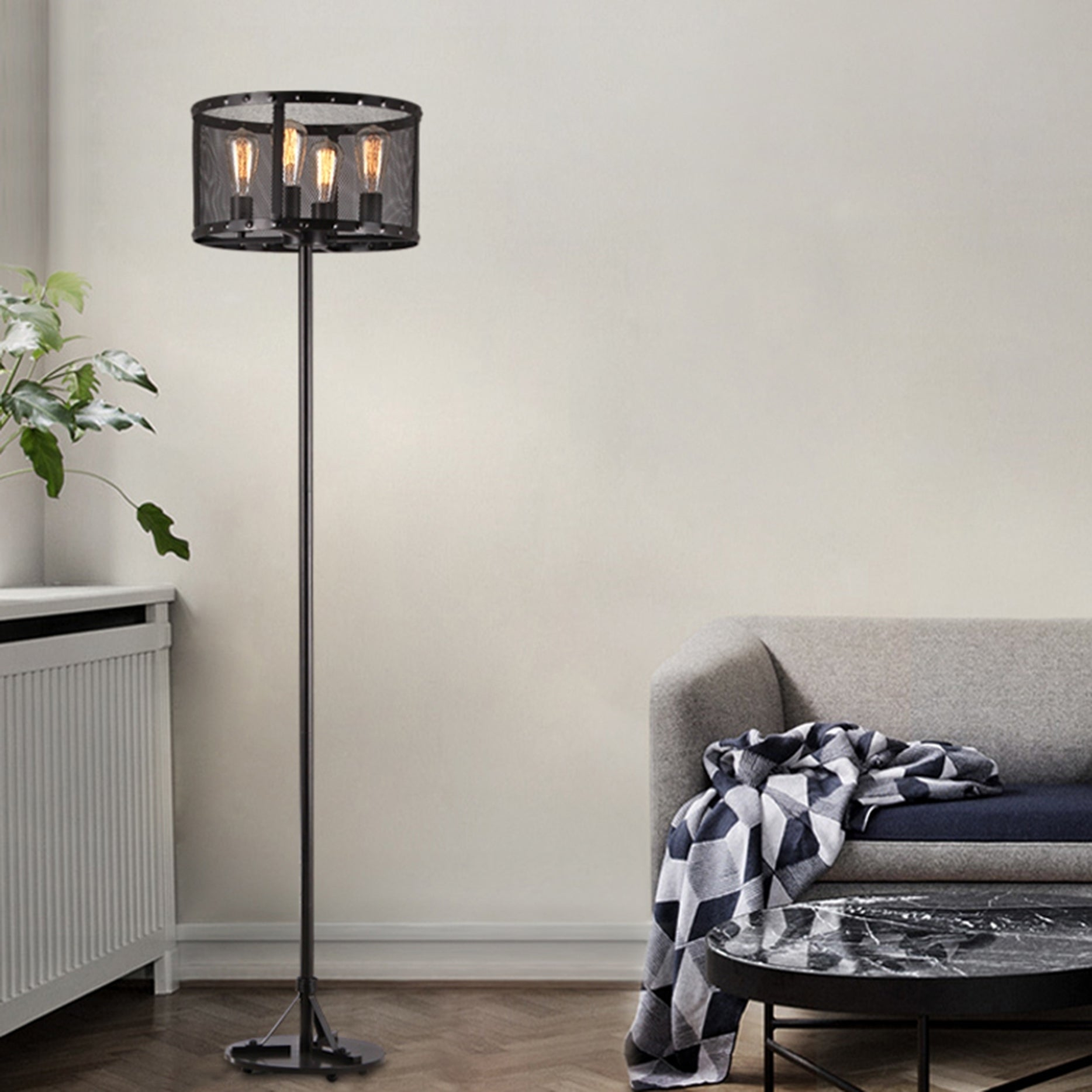 Corgin Black Mesh Round Floor Lamp With Edison Bulbs for sizing 1868 X 1868