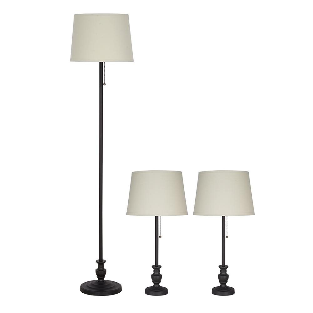 Cresswell 58 In Oil Rubbed Bronze Floor Lamp And Two 24 In Table Lamps Set With Off White Bell Shades And Led Bulbs regarding sizing 1000 X 1000