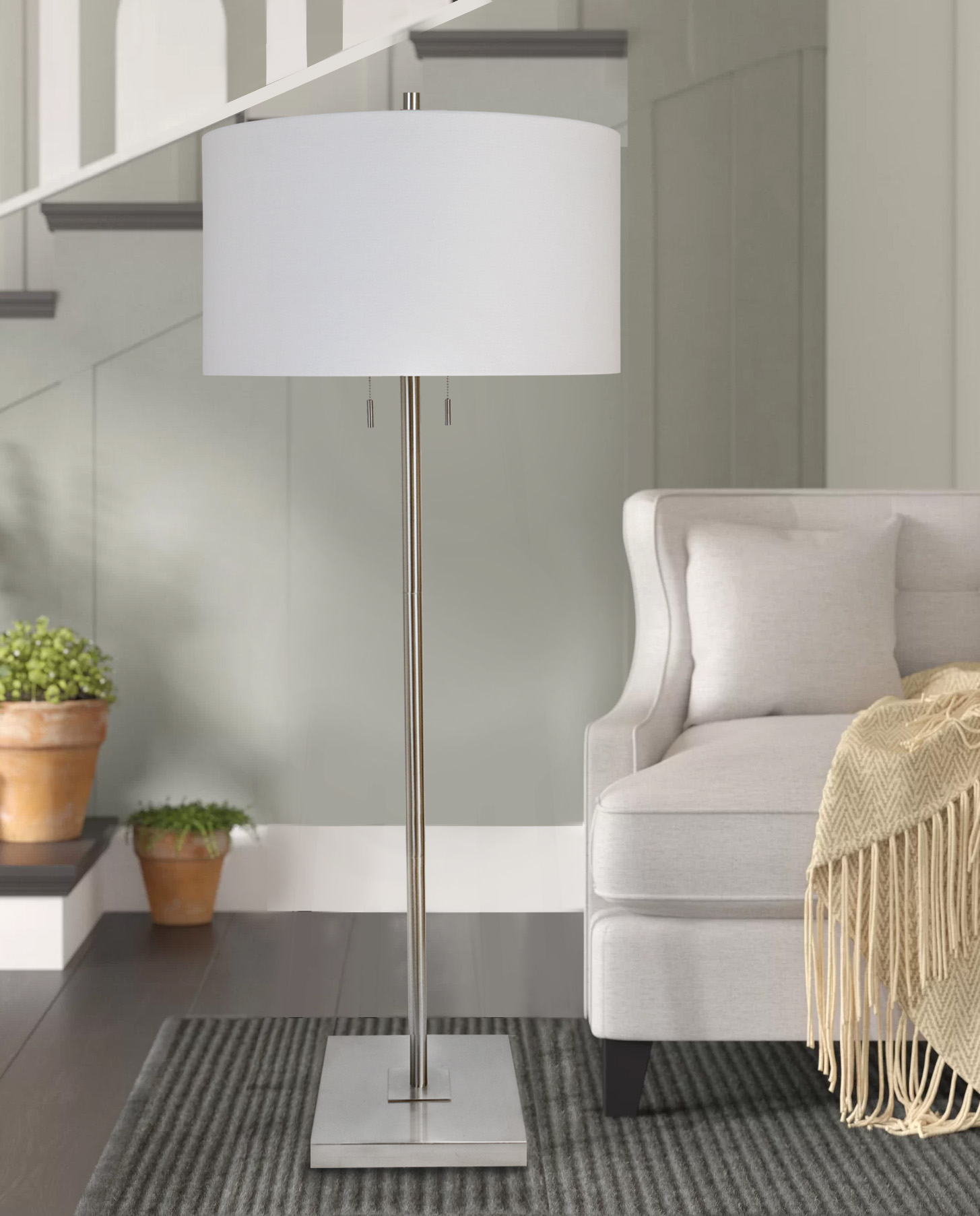 Details About Grandview Gallery 65 Brushed Nickel Finish Slim Floor Lamp Natural Linen Shad within measurements 1455 X 1805