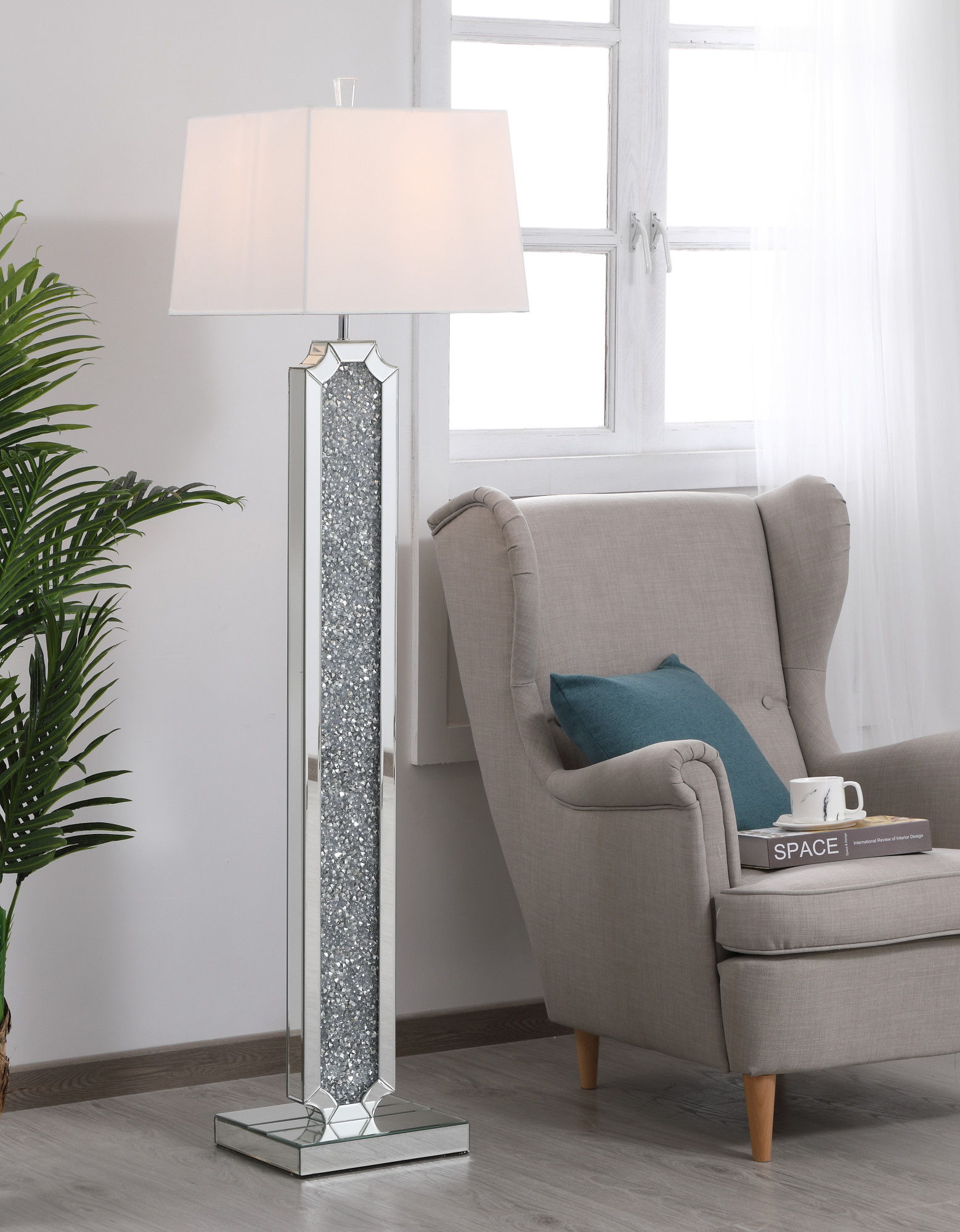 Details About Mirrored Floor Lamp Crystals White Shade Modern Living Room Bedroom 1 Light 62 throughout sizing 1558 X 2000