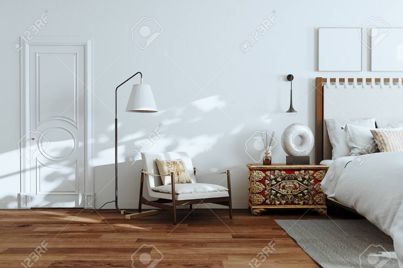 Floor Lamp On Wooden Floor In Spacious Bedroom White Interior with measurements 1300 X 866