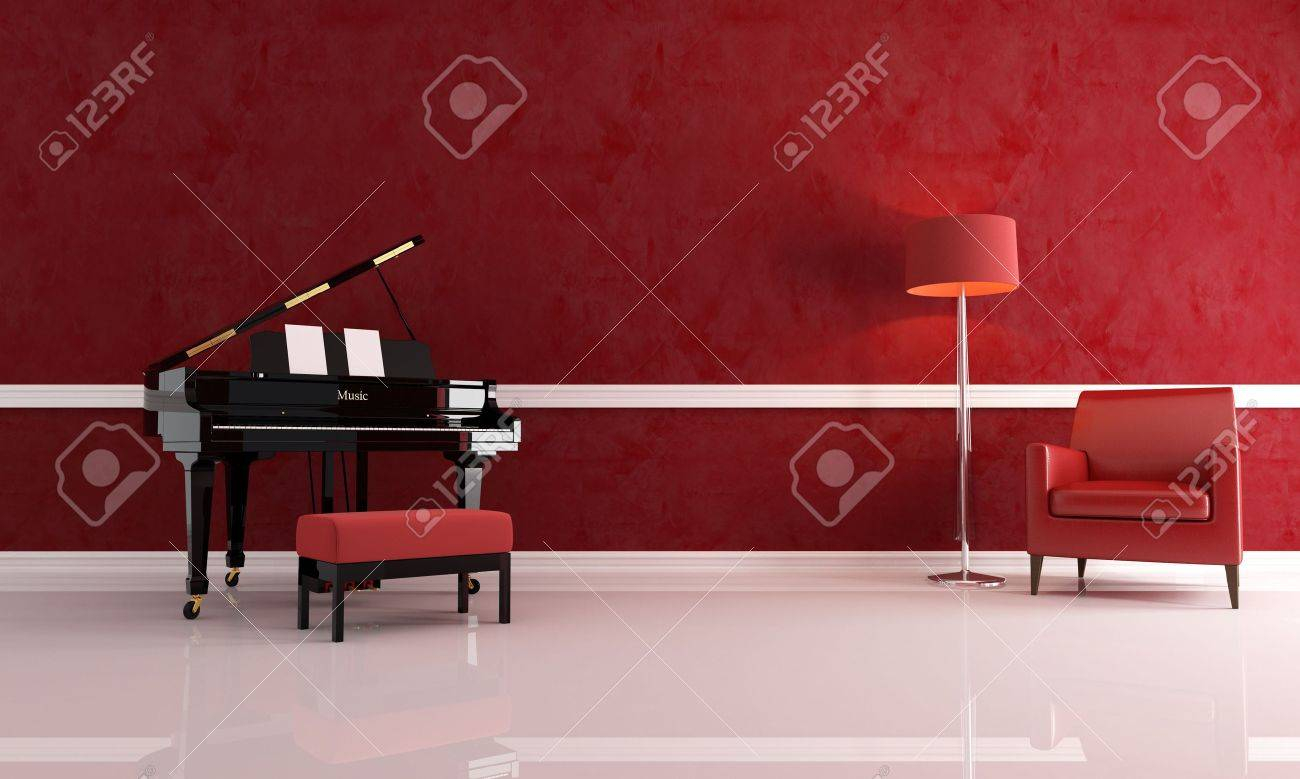 Grand Piano In A Red Living Room With Leather Armchair And Modern inside sizing 1300 X 779