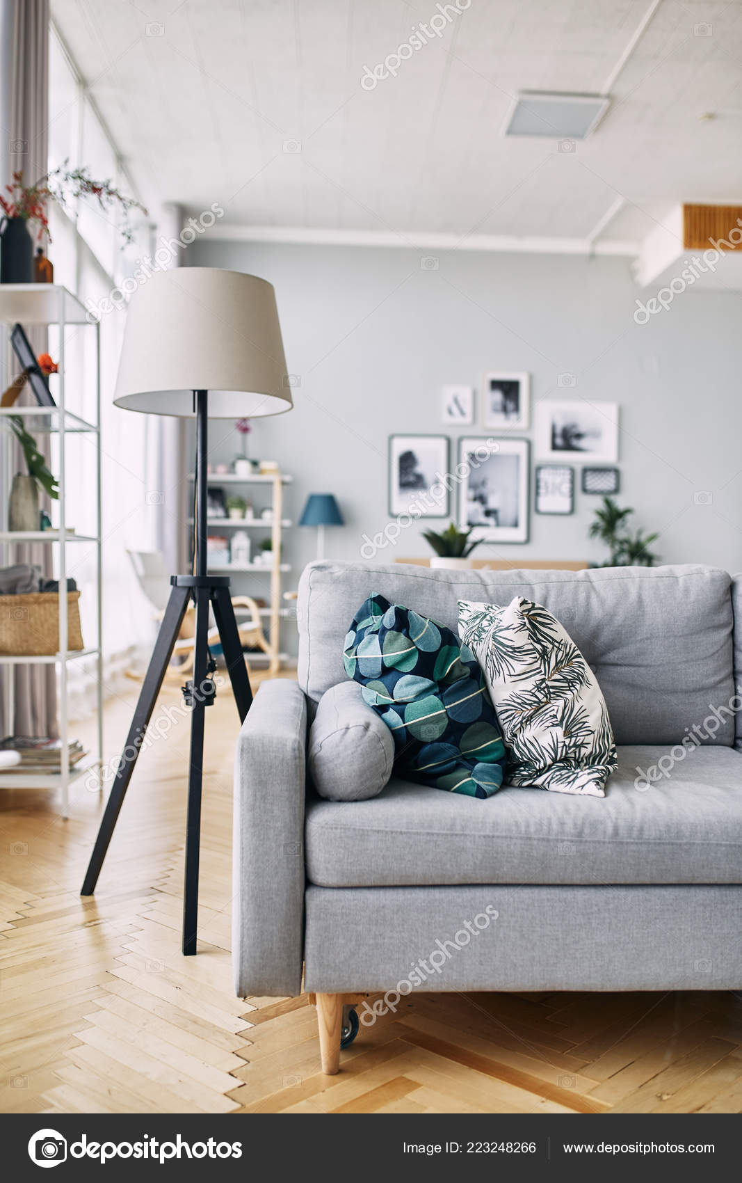 Gray Sofa And Floor Lamp In The Interior Stockfoto within proportions 1067 X 1700