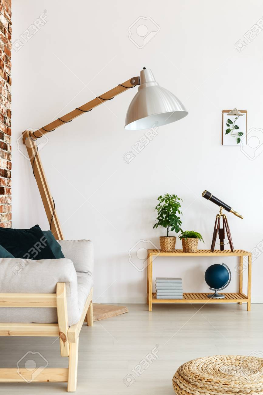 Large Floor Lamp And Wooden Sofa In Bright Interior Of Contemporary intended for dimensions 866 X 1300
