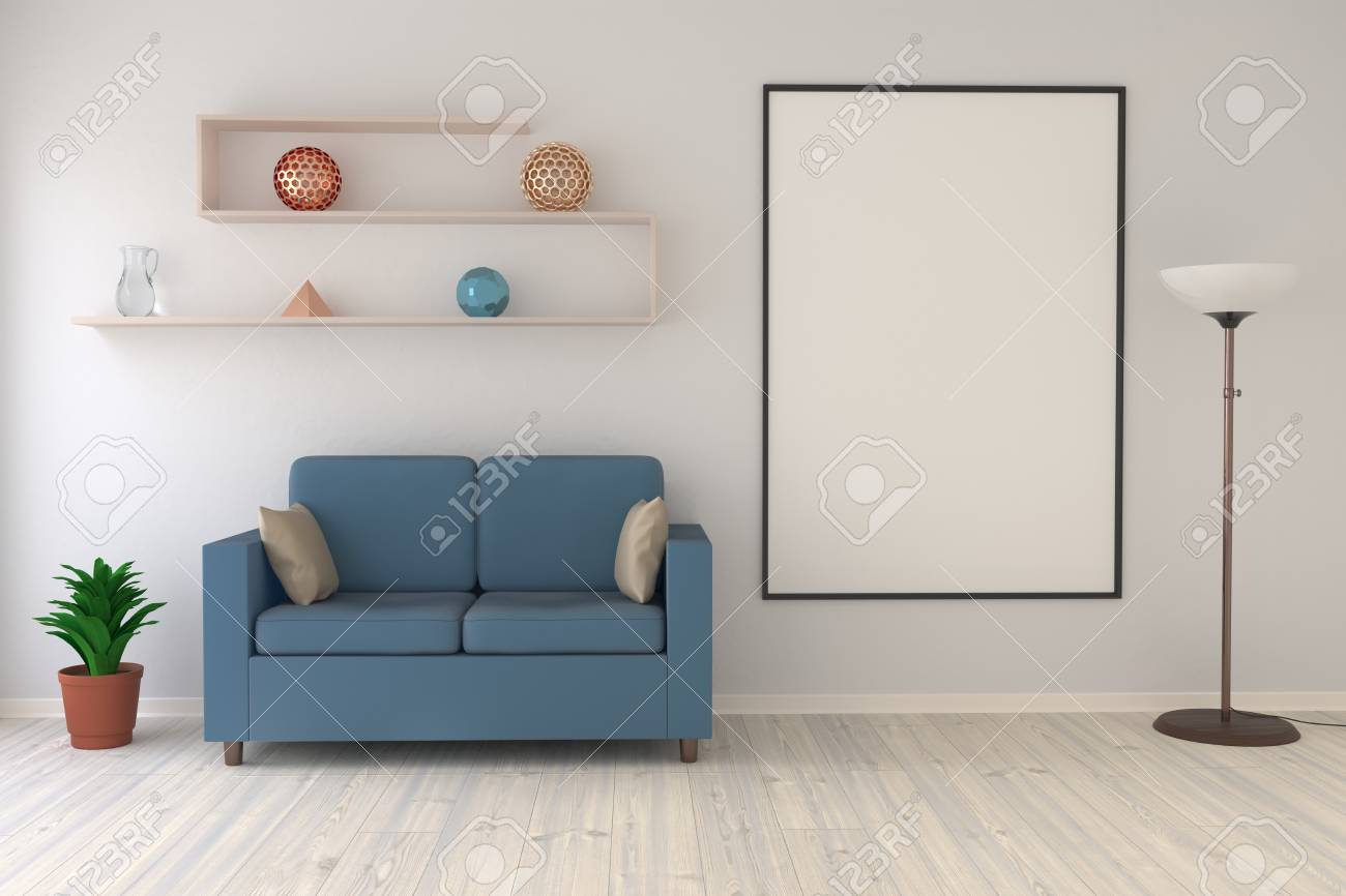 Mock Up Poster In The Living Room With A Floor Lamp A Sofa And A Modern Shelf 3d Render with proportions 1300 X 866