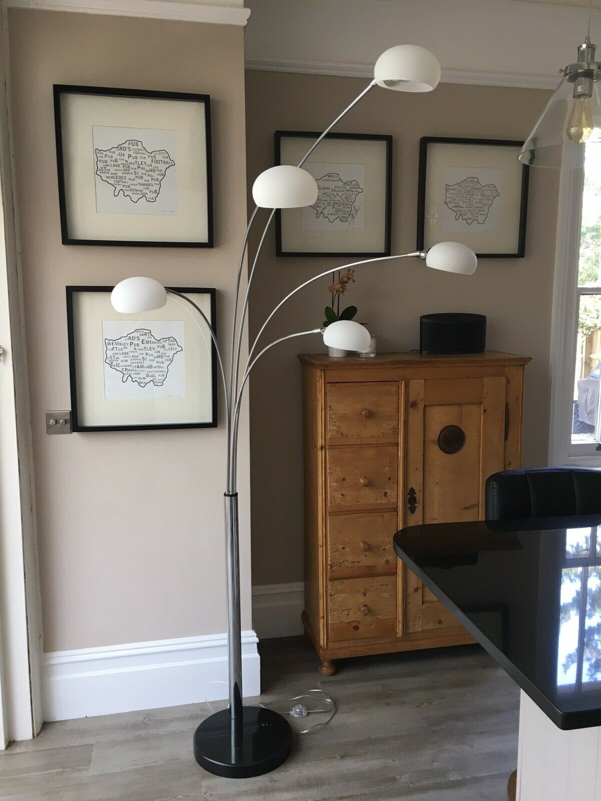 Modern Chrome 5 Way Floor Lamp With White Shades And Black Marble Base within proportions 1200 X 1600