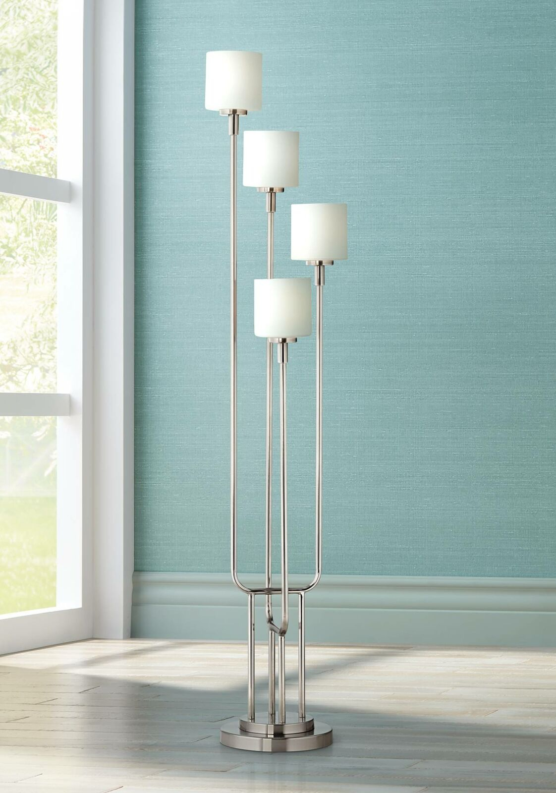 Modern Floor Lamp 4 Light Tree Brushed Steel White Frosted Glass For Living Room with size 1122 X 1600