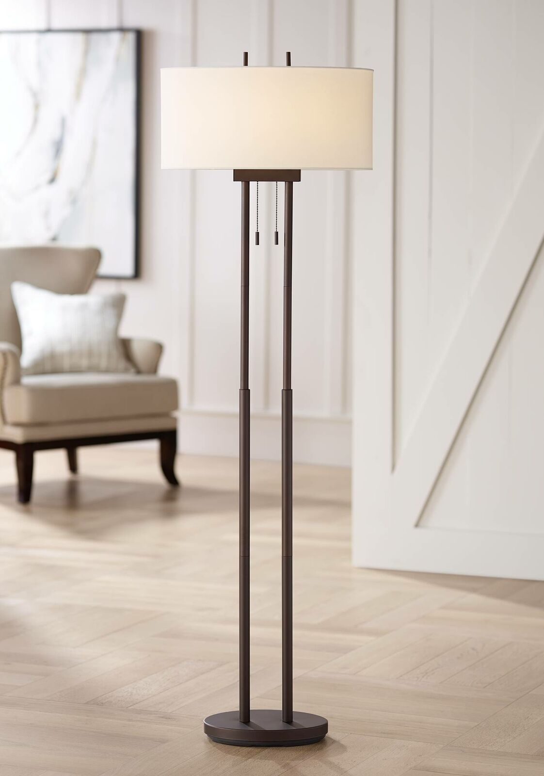 Modern Floor Lamp Twin Pole Oil Rubbed Bronze White Drum Shade For Living Room regarding measurements 1122 X 1600