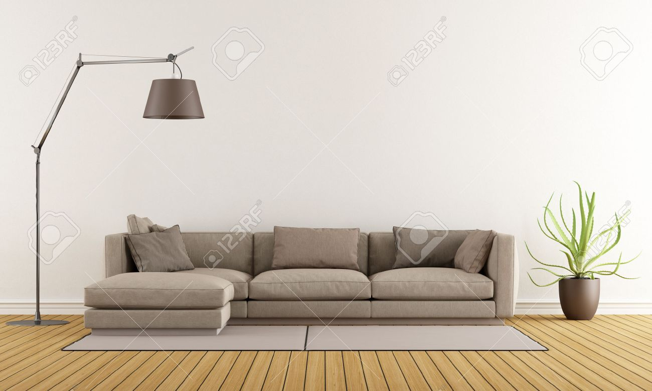Modern Lounge With Brown Sofa On Carpet And Floor Lamp 3d Rendering for size 1300 X 779
