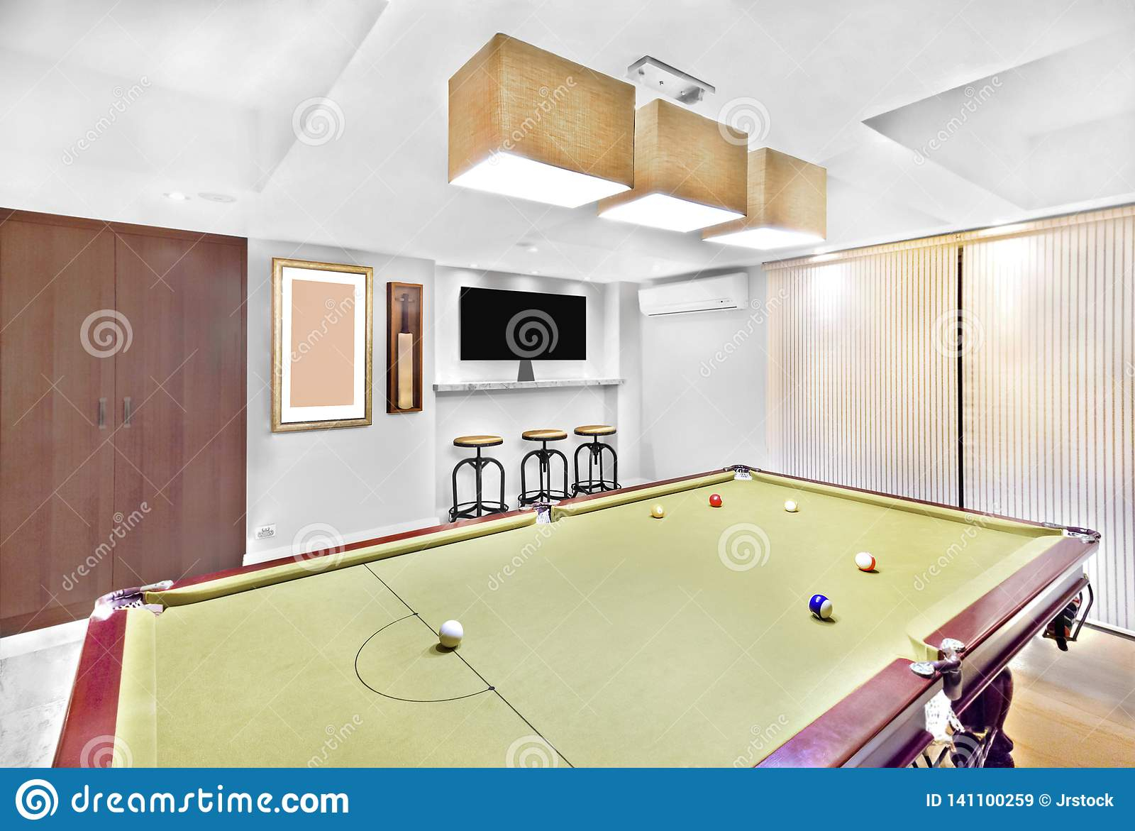Modern Pool Table In Luxury Room With Furniture Stock Image throughout size 1600 X 1171