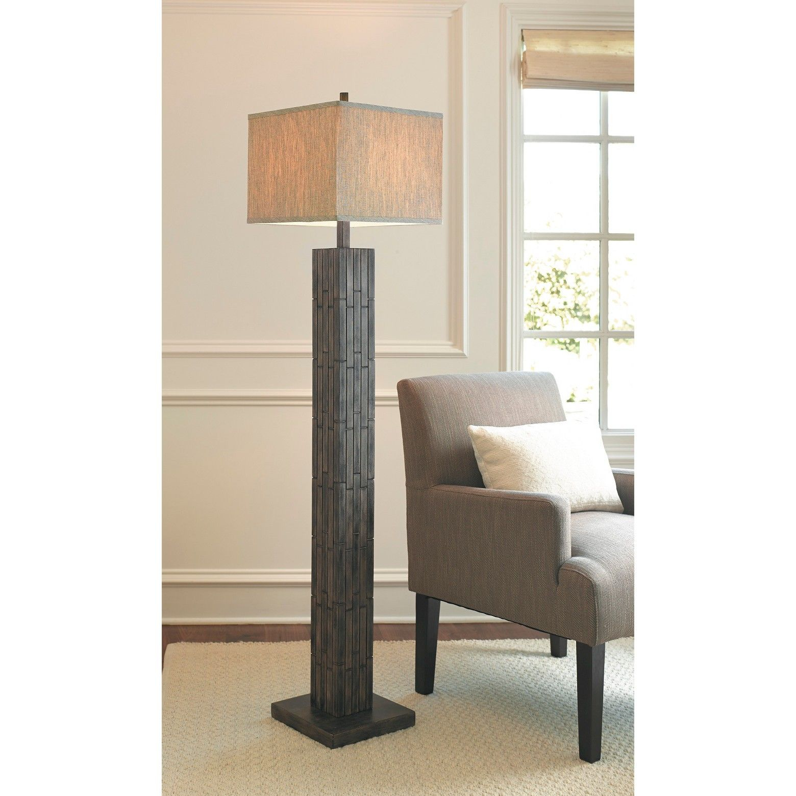 Mosaic Wood Look Floor Lamp With Square Linen Shade Brown with sizing 1560 X 1560