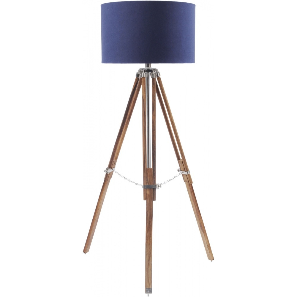 Natural Wood And Nickel Tripod Floor Lamp With Navy Shade pertaining to measurements 1000 X 1000