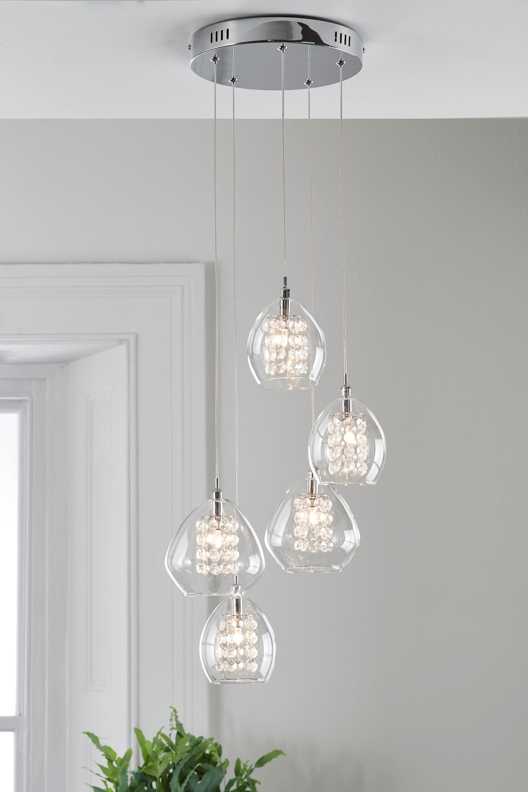 Next Bella 5 Light Cluster Clear Pendant Lighting intended for measurements 1800 X 2700