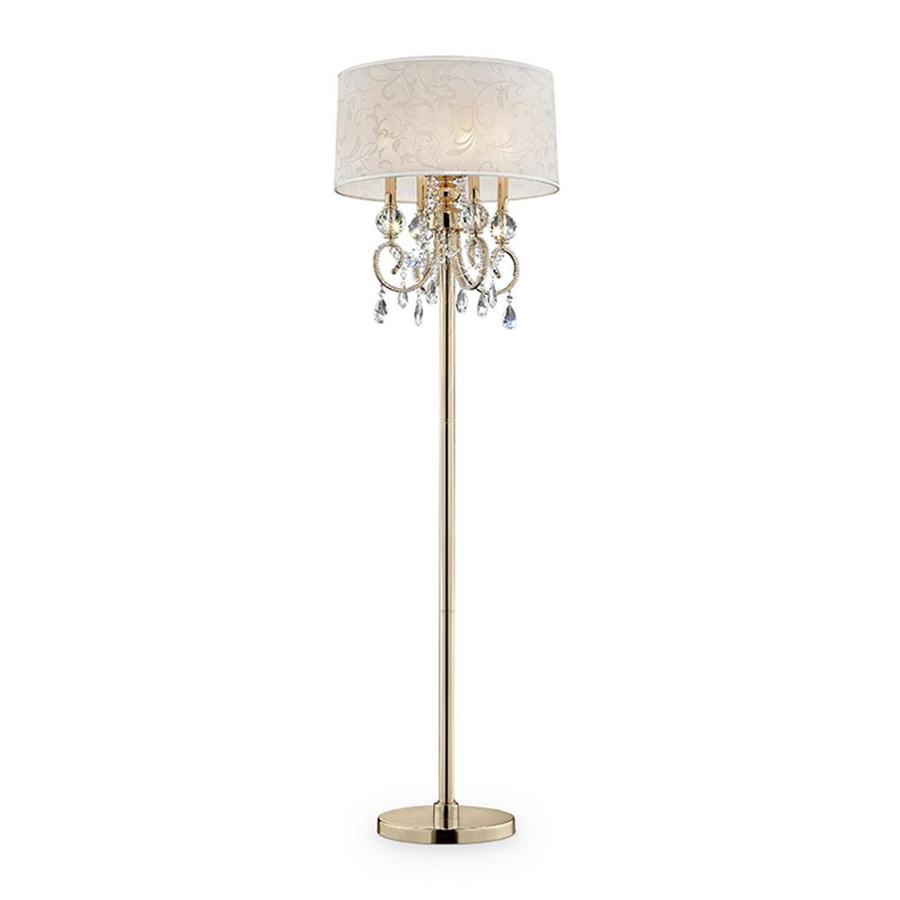 Ore International Aurora 63 In Crystal And Gold Floor Lamp With Barocco Print Linen Shade for measurements 1000 X 1000