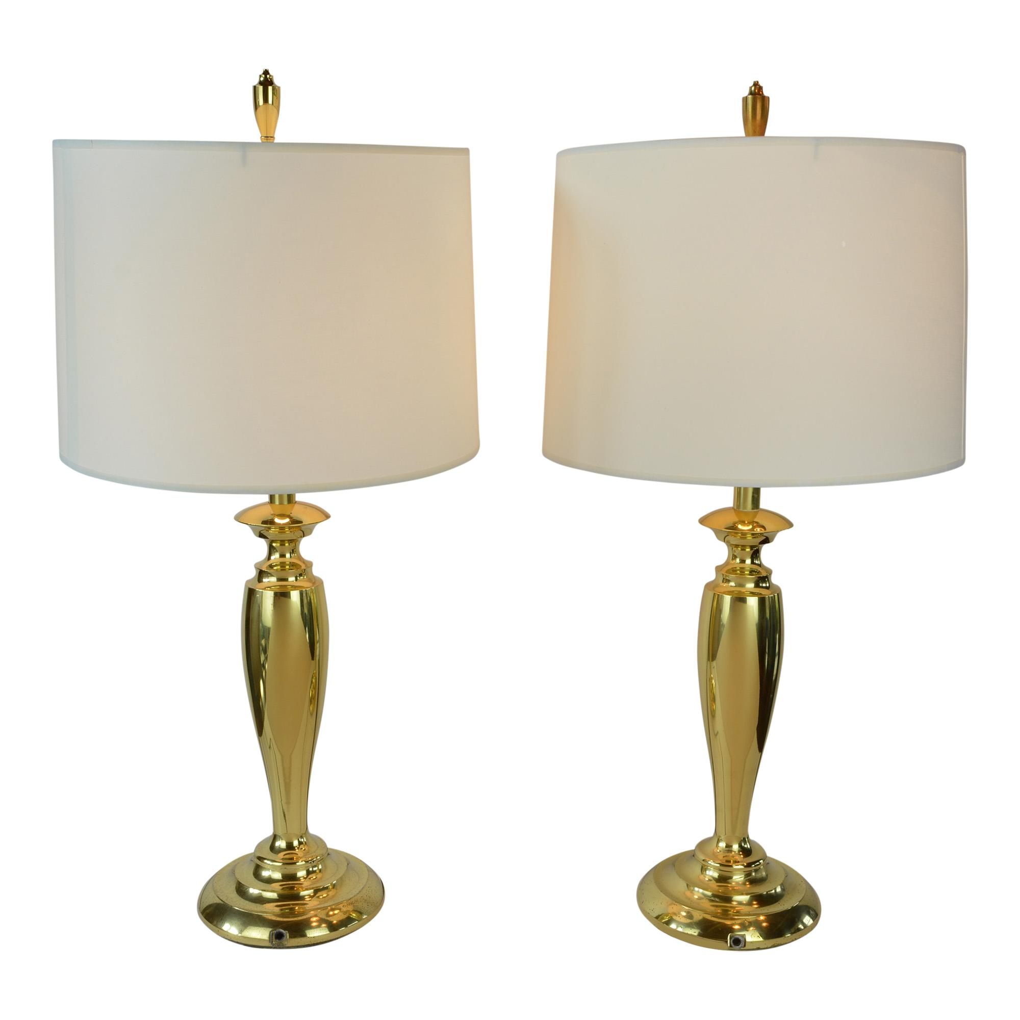 Pair Of Brass Stiffel Mid Century Modern Table Lamps With Drum Shades with regard to proportions 2000 X 2000