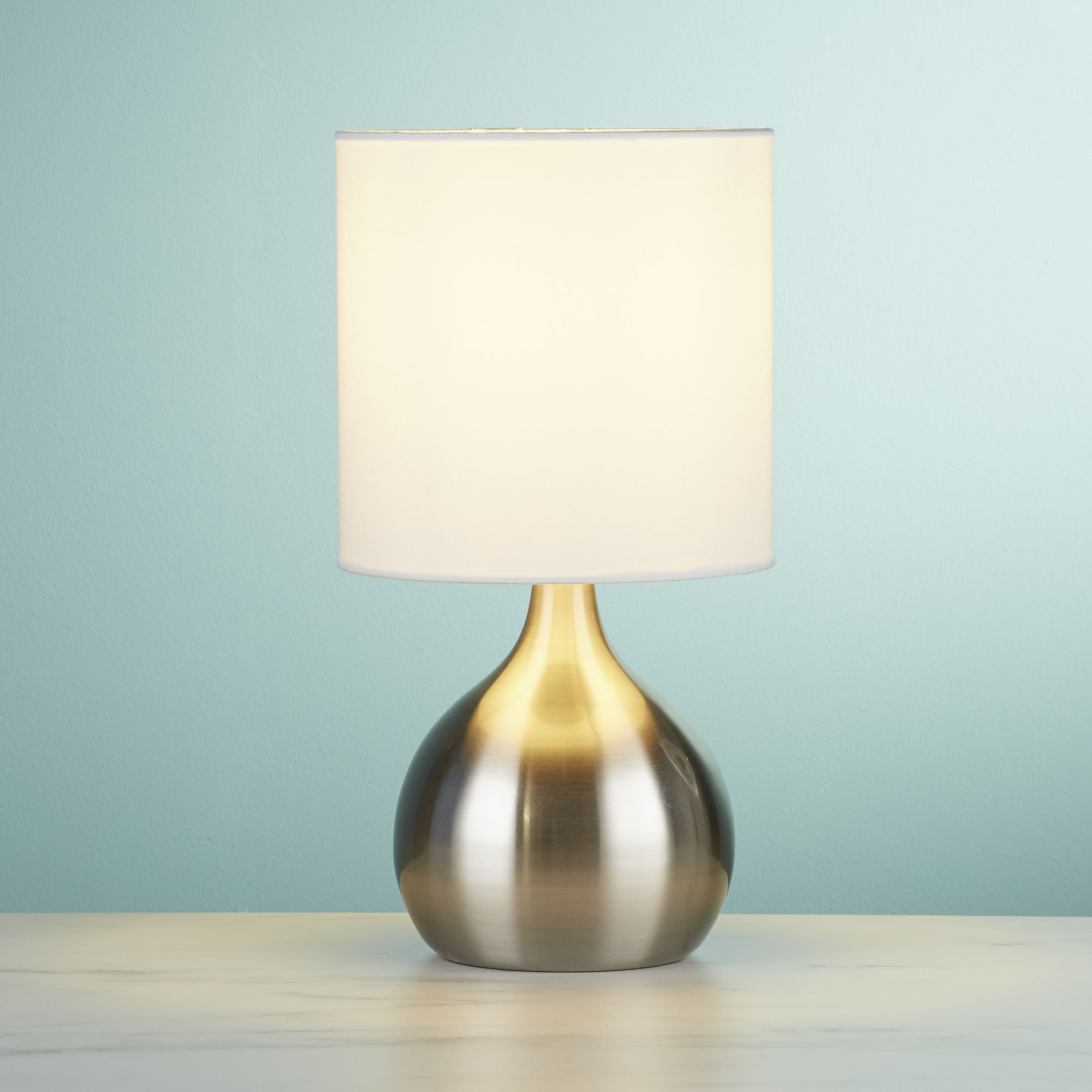 Satin Silver Touch Table Lamp With White Fabric Shade within proportions 2000 X 2000