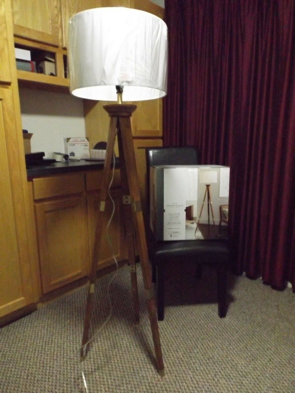 Tripod Floor Lamp Wood Base White Shade W Bulb Threshold New In Retail Box in dimensions 1200 X 1600