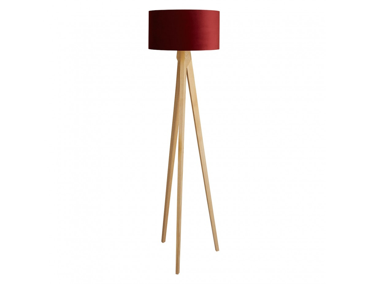 Tripod Oak Wooden Floor Lamp With Red Velvet Shade with proportions 1200 X 925