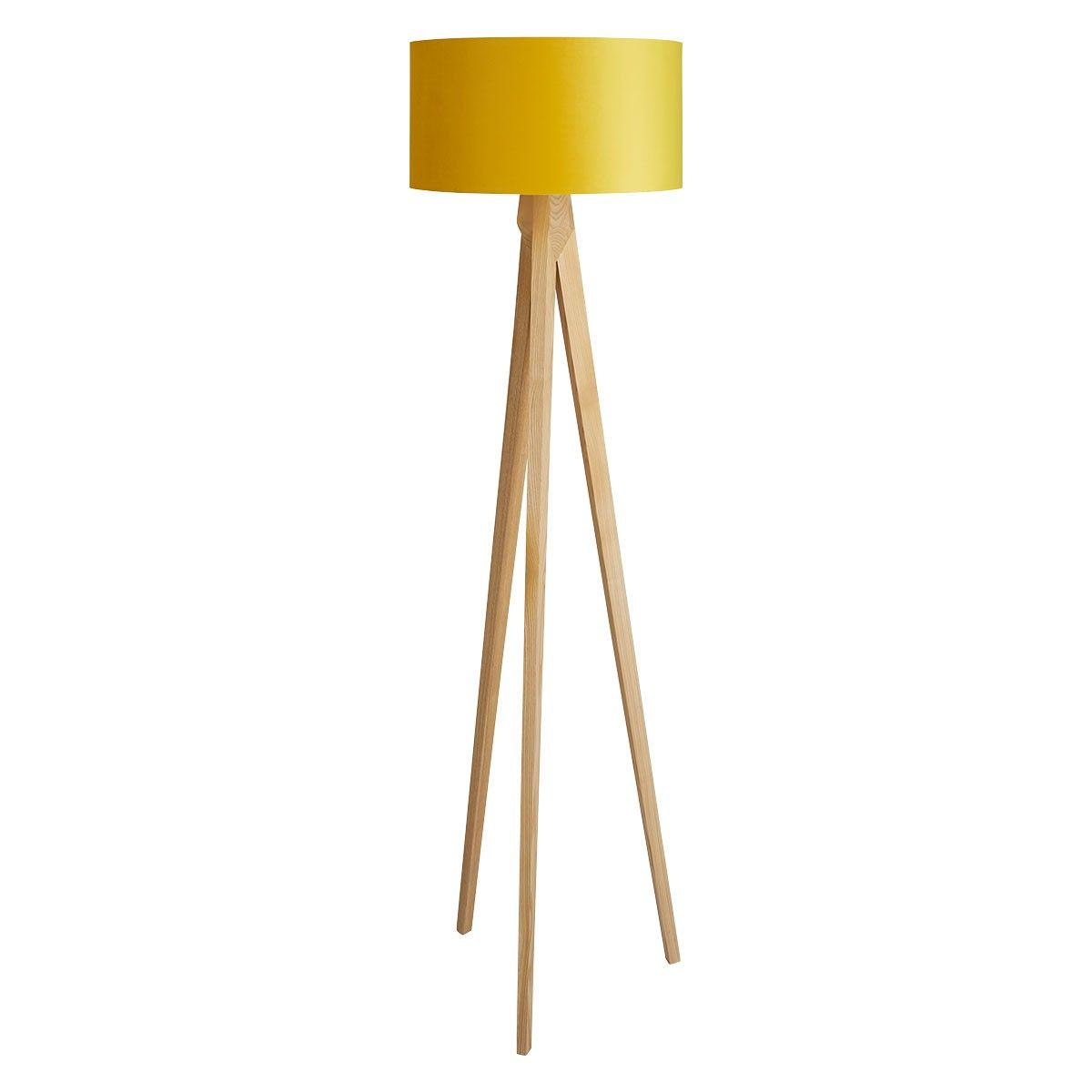 Tripod Oak Wooden Floor Lamp With Yellow Velvet Shade Side inside sizing 1200 X 1200