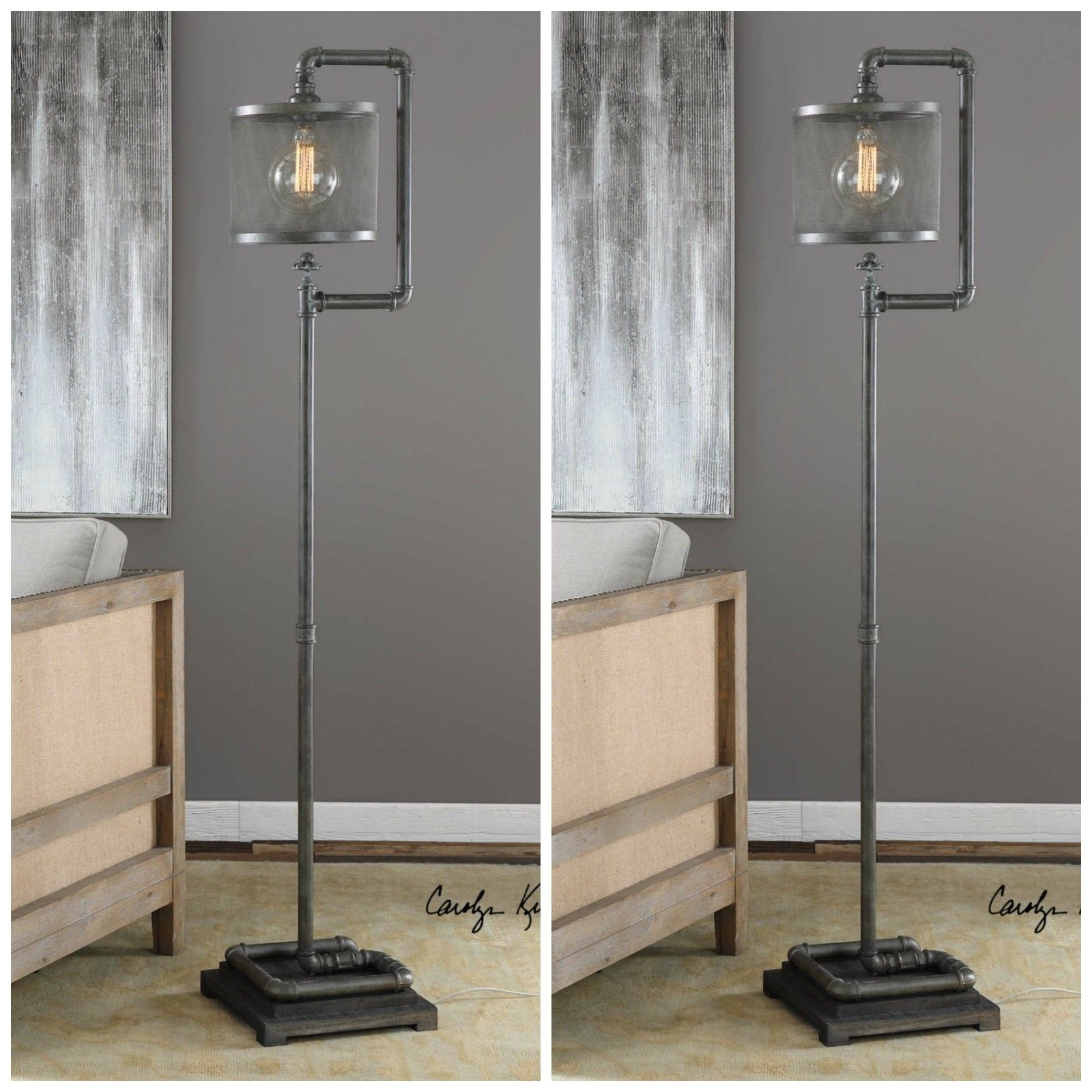 Two 65 Urban Industrial Metal Galvanized Pipe Style Floor Lamp Iron Mesh Shade regarding proportions 1600 X 1600