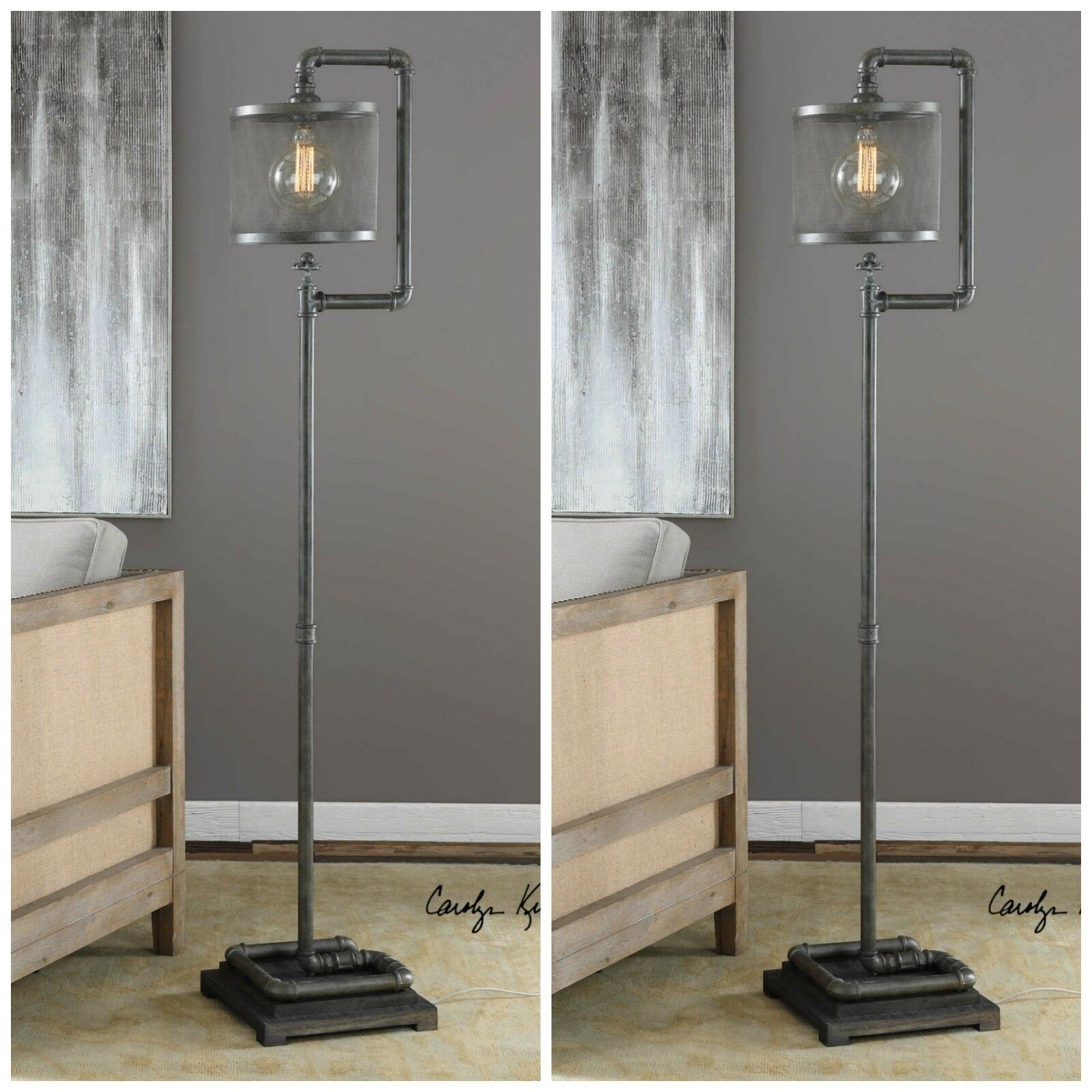 Two 65 Urban Industrial Metal Galvanized Pipe Style Floor Lamp Iron Mesh Shade with proportions 1600 X 1600