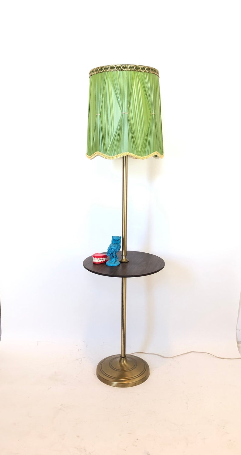 Vintage Floor Lamp With Table Combo Mid Century Modern Furniture 60s 70s Home Decor Green Vinyl Scalloped Lampshade Kitsch Accent End Table with regard to sizing 794 X 1498