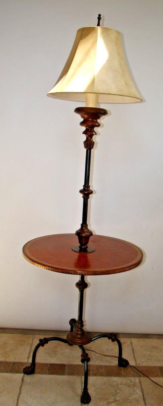 Vintage Four Iron Claw Legged Round Side Table With Lamp Leather Embossed Look Top Nationwide Shipping Available Please Call For Best Rates throughout dimensions 570 X 1419