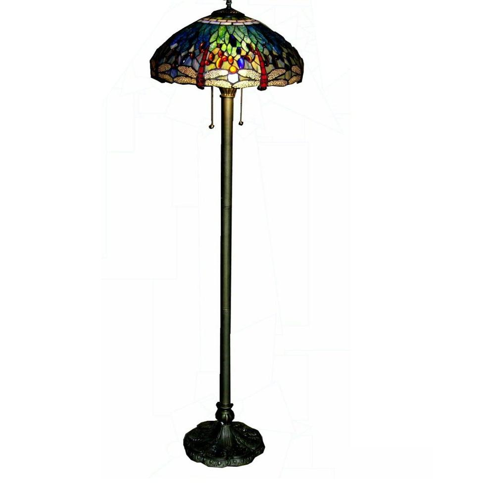 Warehouse Of Tiffany 62 In Brass Dragonfly Stained Glass Floor Lamp With Pull Chain Switch for sizing 1000 X 1000