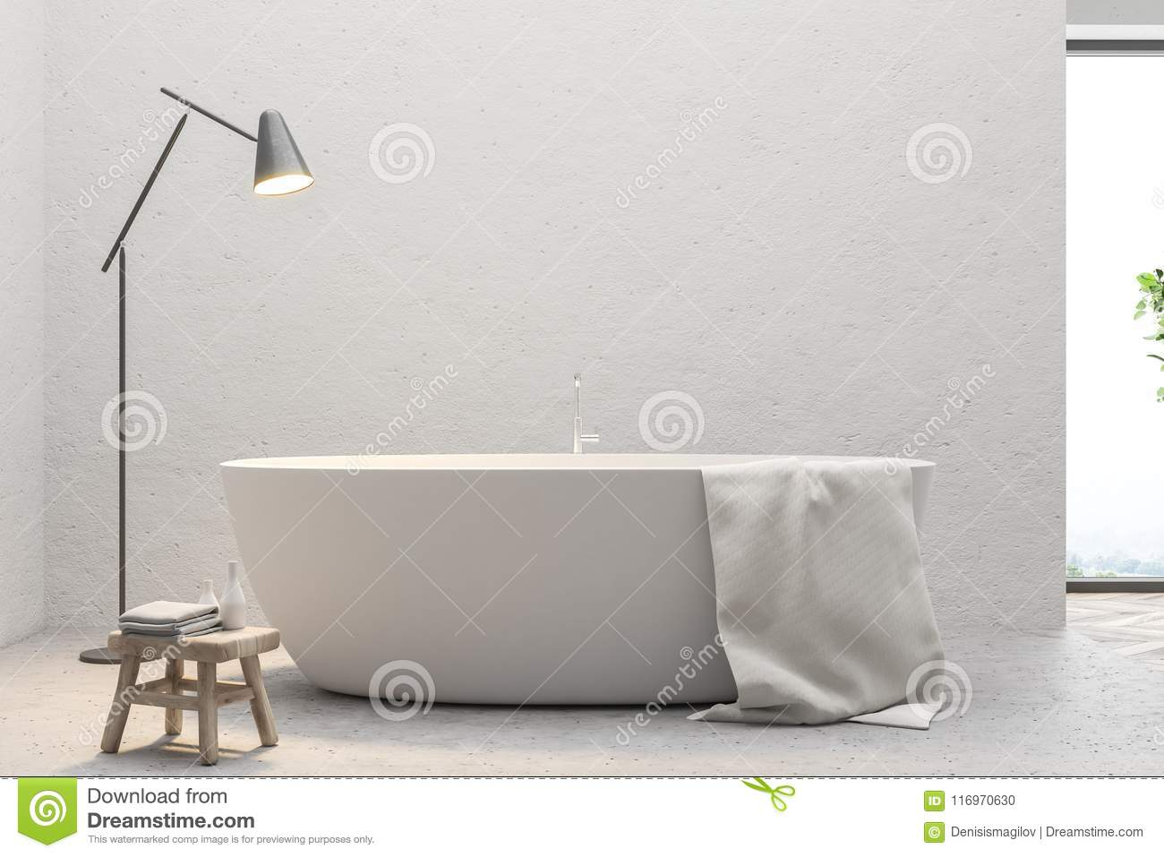 White Bathtub And A Lamp In A White Bathroom Stock pertaining to measurements 1300 X 957