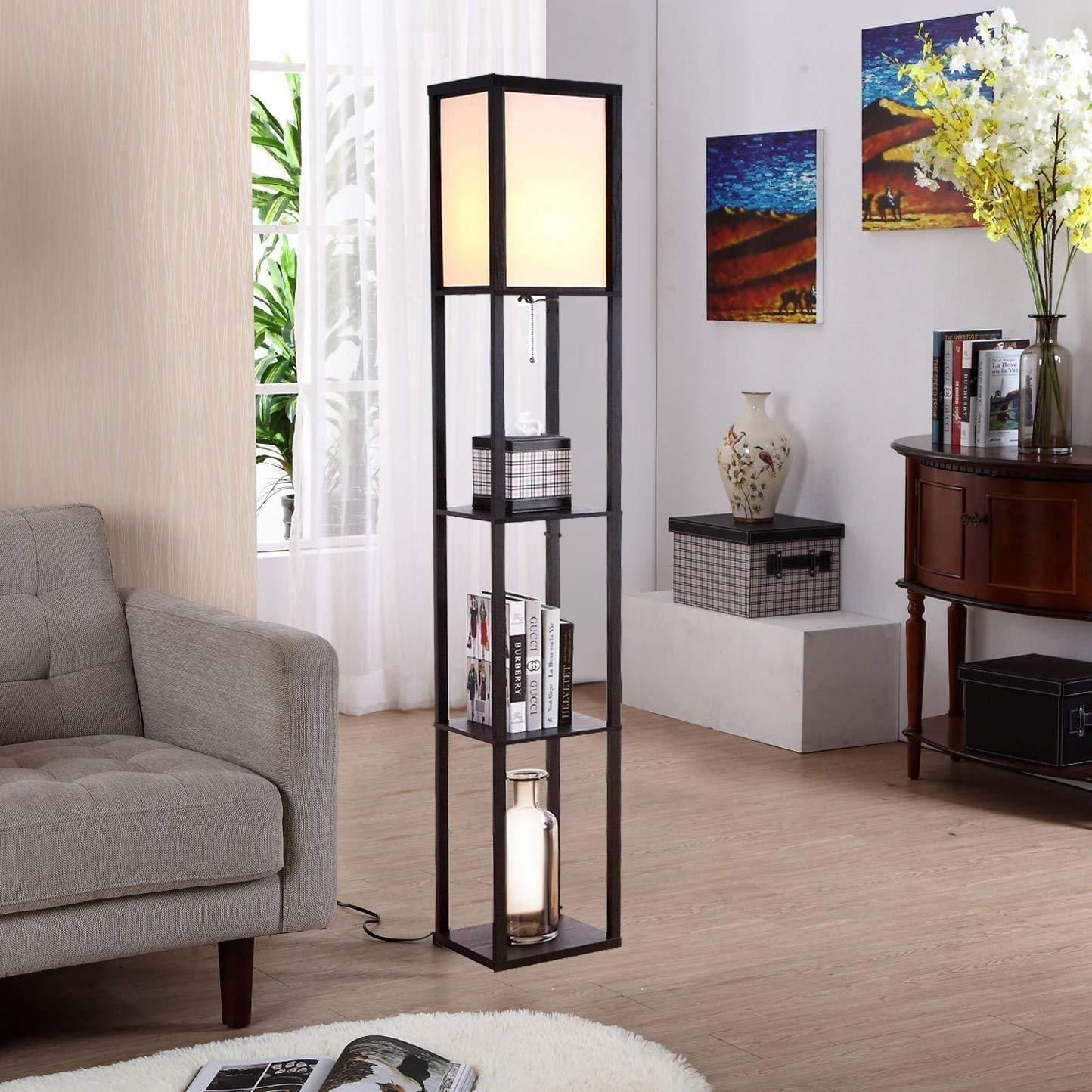 Wood Shelf Floor Lamp Linen Fabric Shade Light Storage throughout dimensions 1444 X 1444