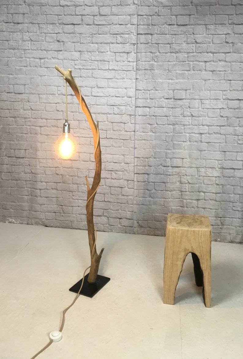 Wooden Floor Lamp Made With A Weathered Branch From The Top Of A Chestnut Tree With Edison Vintage Bulb And Cloth Cable for measurements 794 X 1174