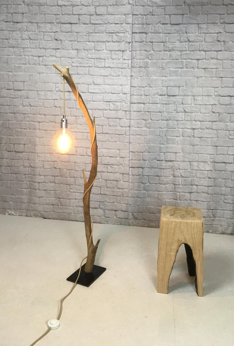 Wooden Floor Lamp Made With A Weathered Branch From The Top Of A Chestnut Tree With Edison Vintage Bulb And Cloth Cable in size 794 X 1174