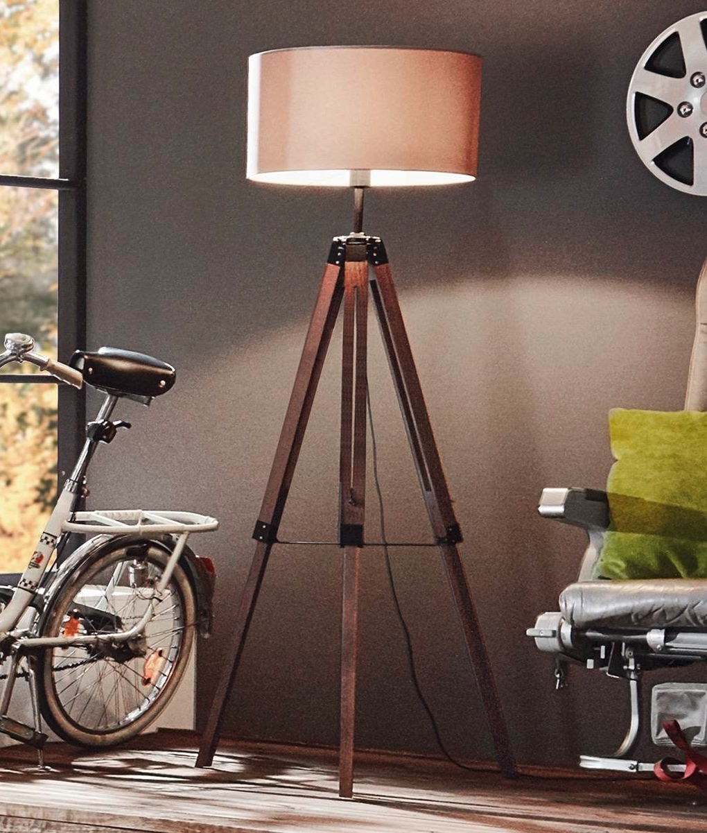 Wooden Tripod Floor Lamp With Large Shade Two Finishes for size 1020 X 1201