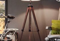 Wooden Tripod Floor Lamp With Large Shade Two Finishes intended for proportions 1020 X 1201