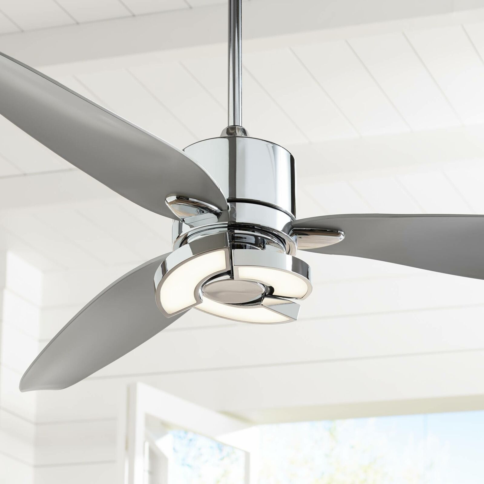 56 Modern Ceiling Fan With Light Led Chrome Curved Blades For Living Room in proportions 1599 X 1600