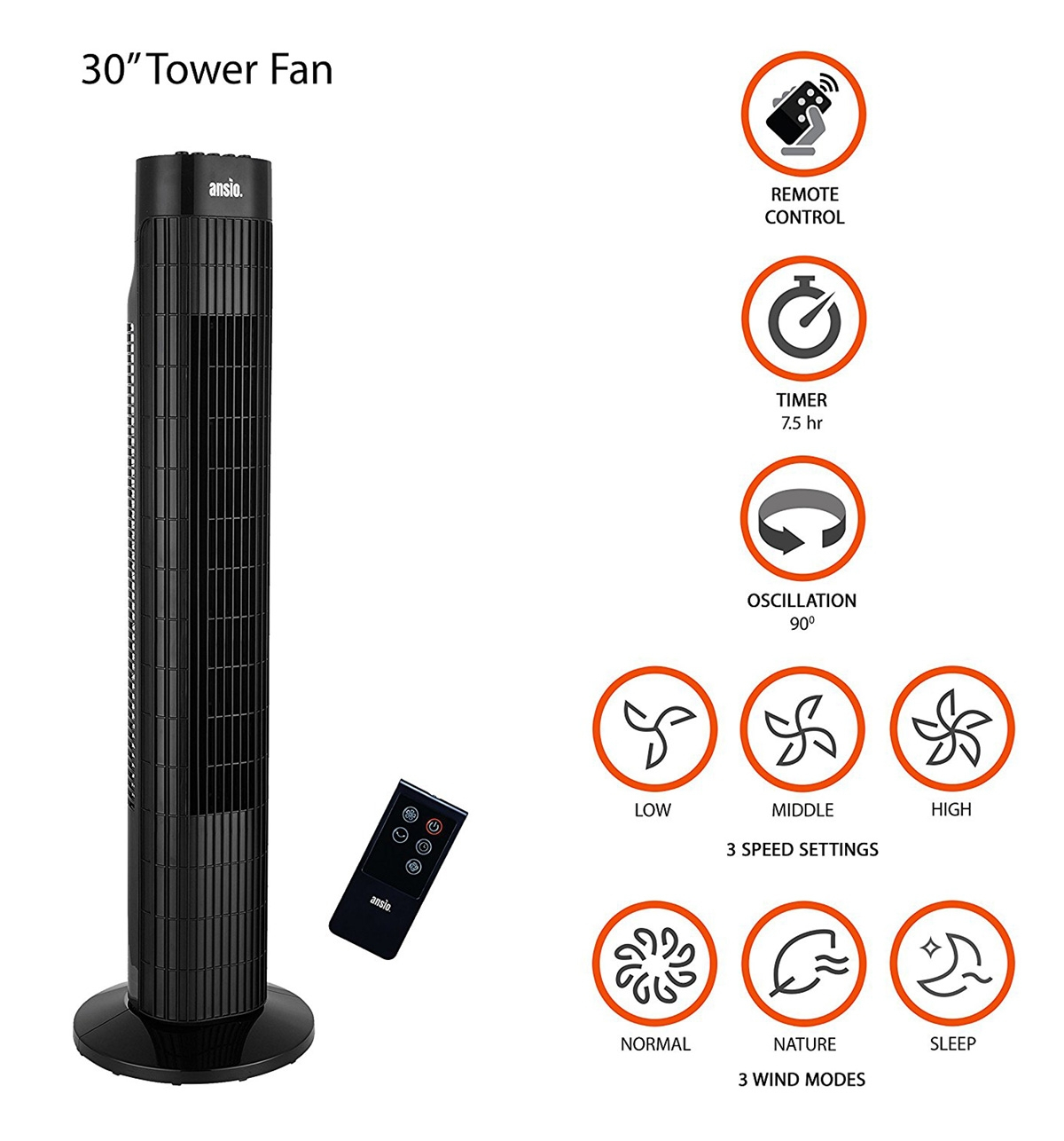 Ansio 30 Black Oscillating Tower Fan With Remote Control 220 240 Volts within measurements 1200 X 1286
