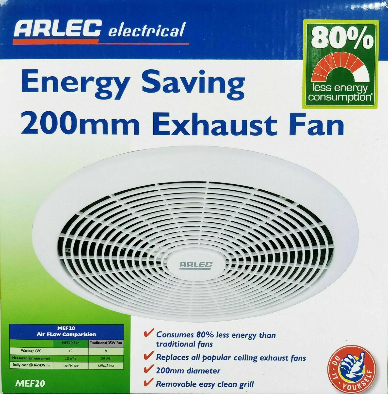 Arlec 200mm Energy Saving Exhaust Fan 240v Low Power Consumption 42w with sizing 1576 X 1600