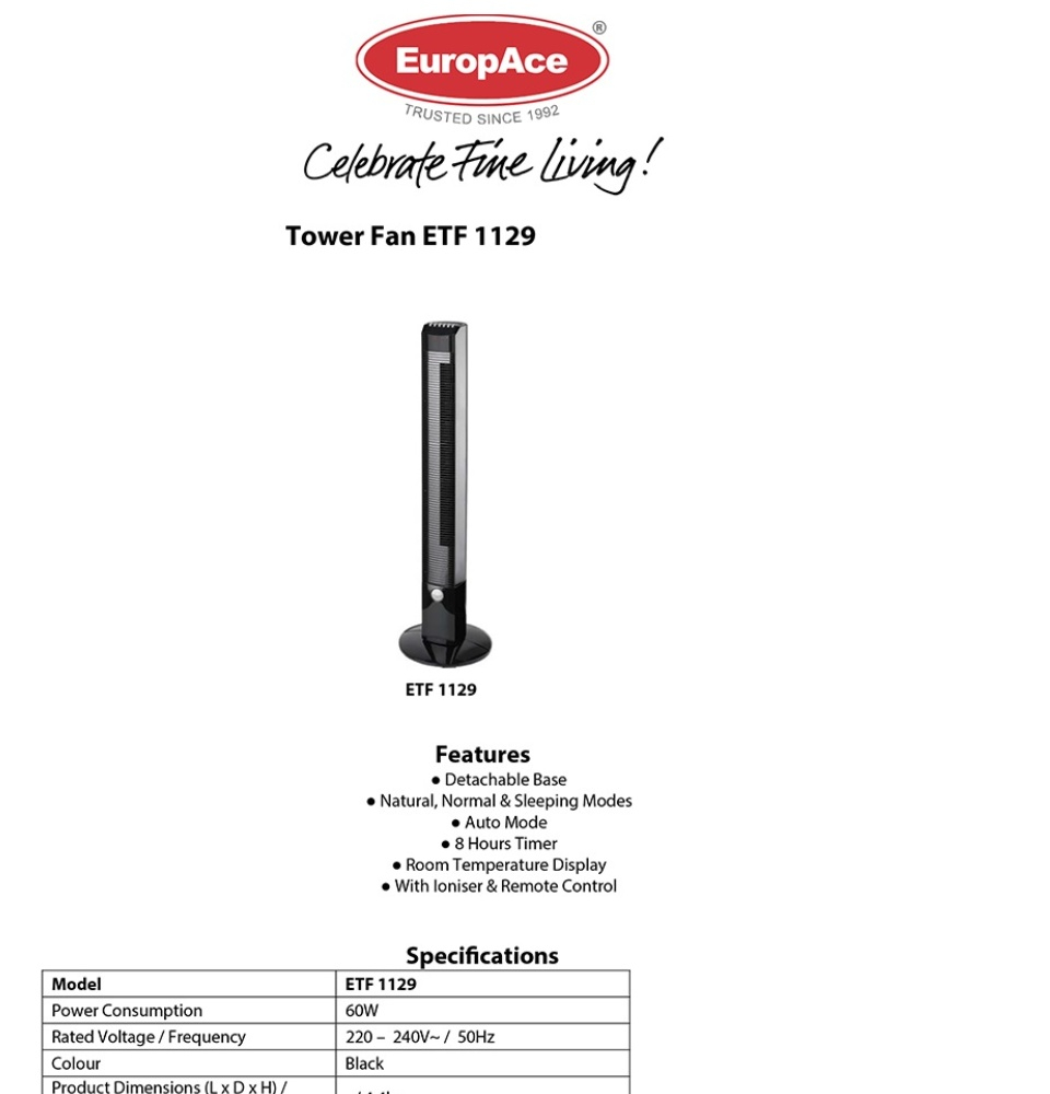 Europace Tower Fan With And Remote Black Etf 1129 Bladeless Design For Kids Safety pertaining to dimensions 960 X 1000