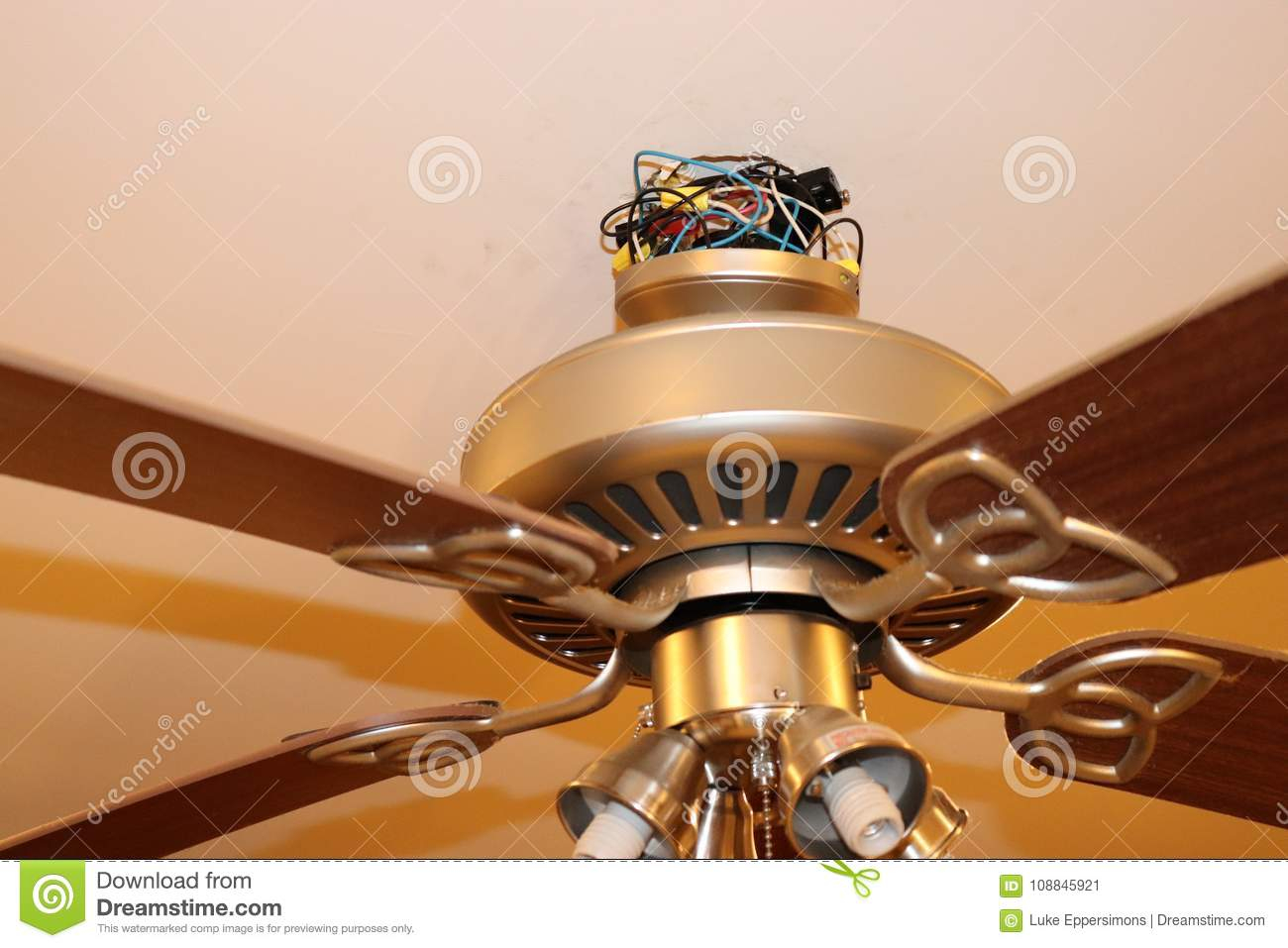 Exposed Ceiling Fan Wires Closeup Stock Image Image Of for proportions 1300 X 957