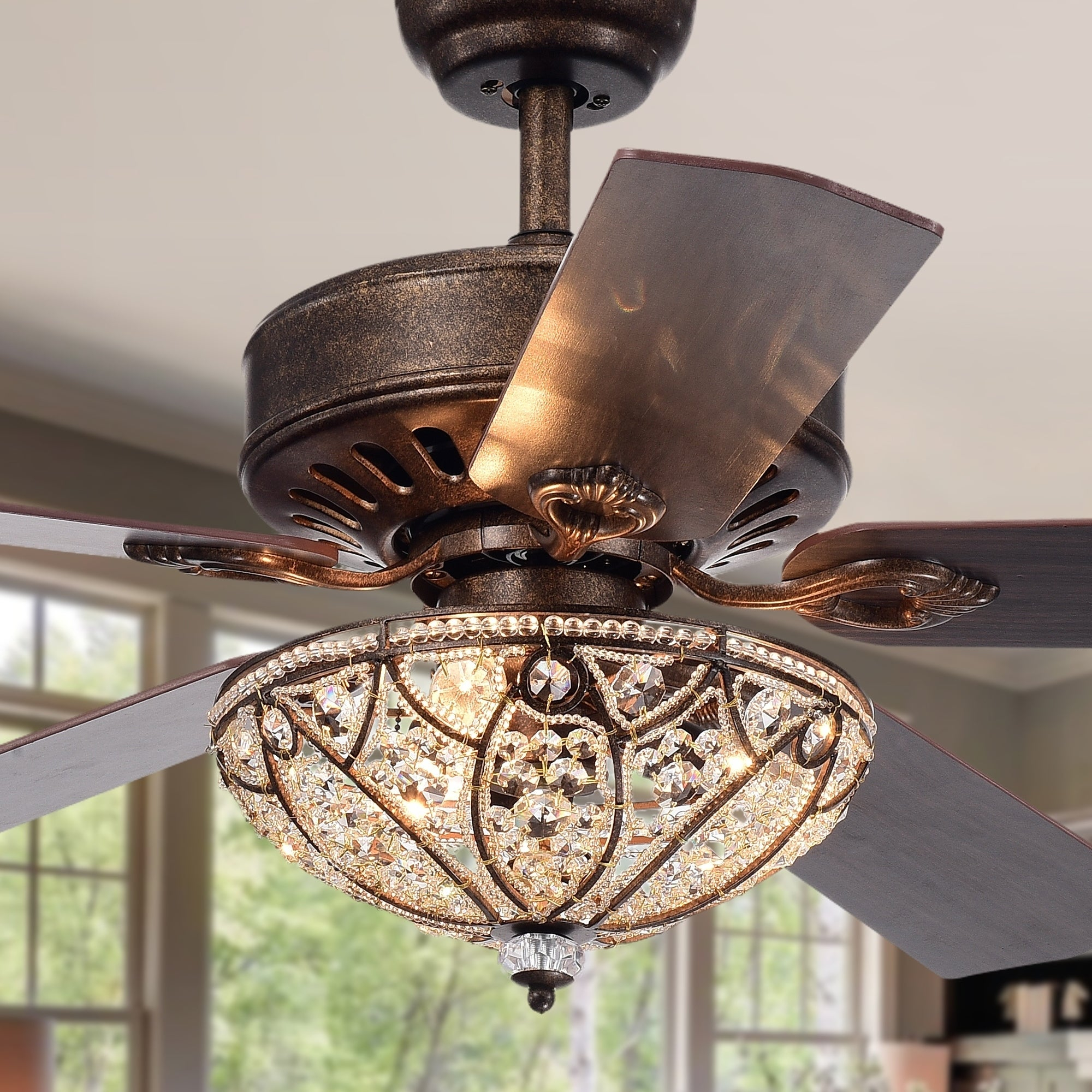 Gliska 52 Inch 5 Blade Rustic Bronze Lighted Ceiling Fans W Crystal Shade Optional Remote Control Incl 2 Color Option Blades for dimensions 2000 X 2000