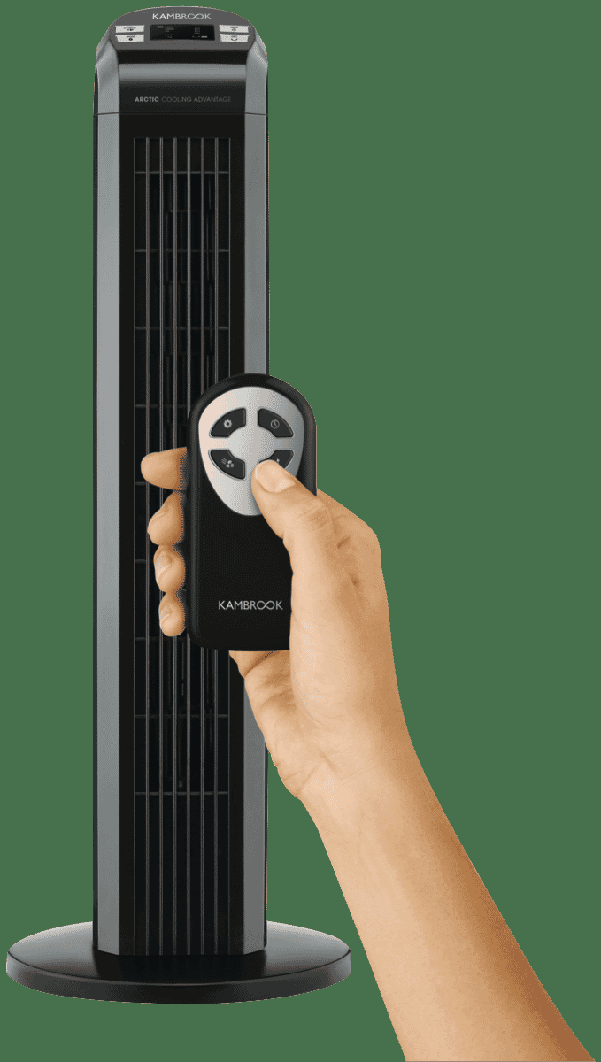 Kambrook77cm Arctic Black Tower Fan With Remote for size 679 X 1200