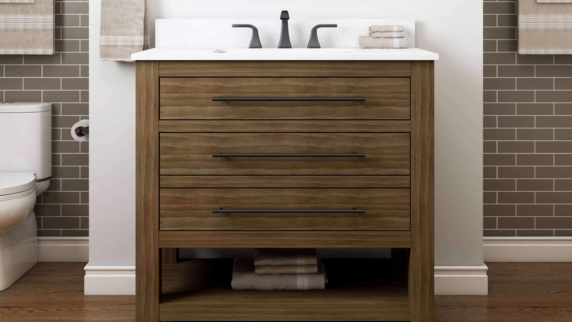 Kennilton 36 In Gray Oak Single Sink Bathroom Vanity With Carrera White Engineered Stone Top regarding dimensions 1920 X 1080