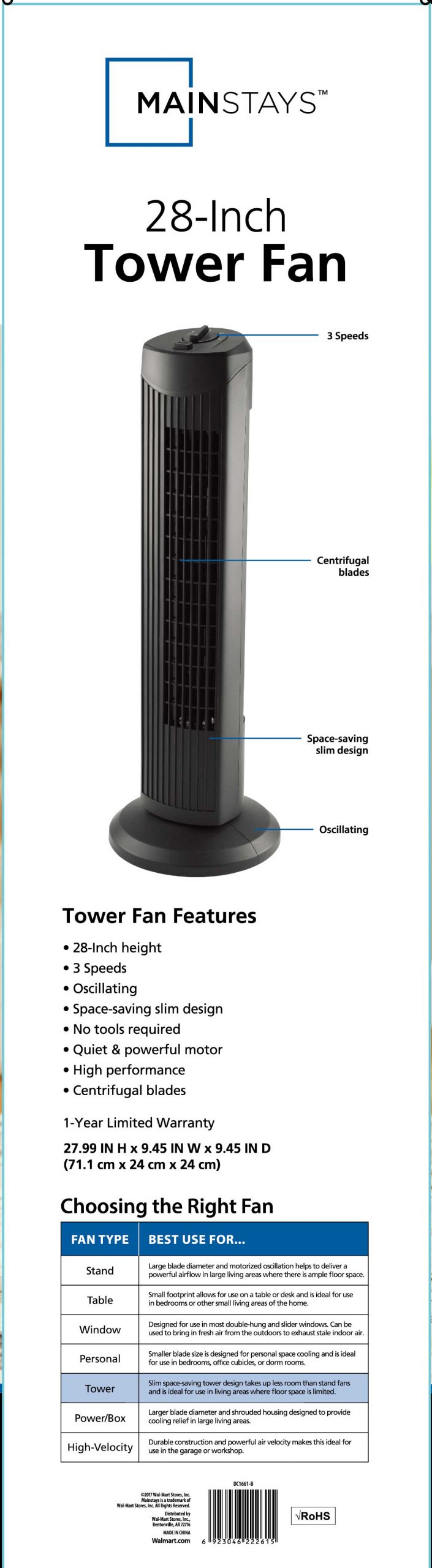 Mainstays Tower Fan Black regarding proportions 1163 X 4224