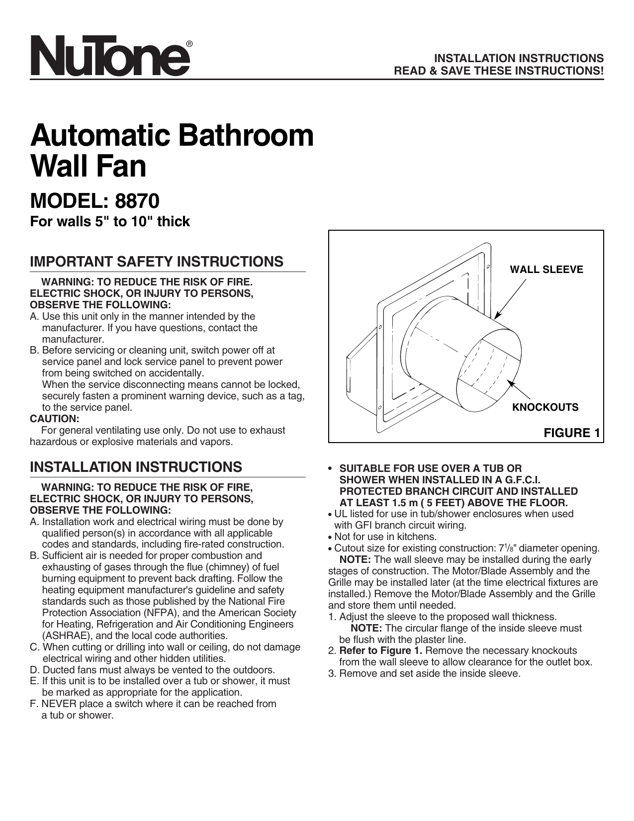 Nutone Plumbing Product 8870 User Manual Manualzz regarding measurements 1275 X 1651