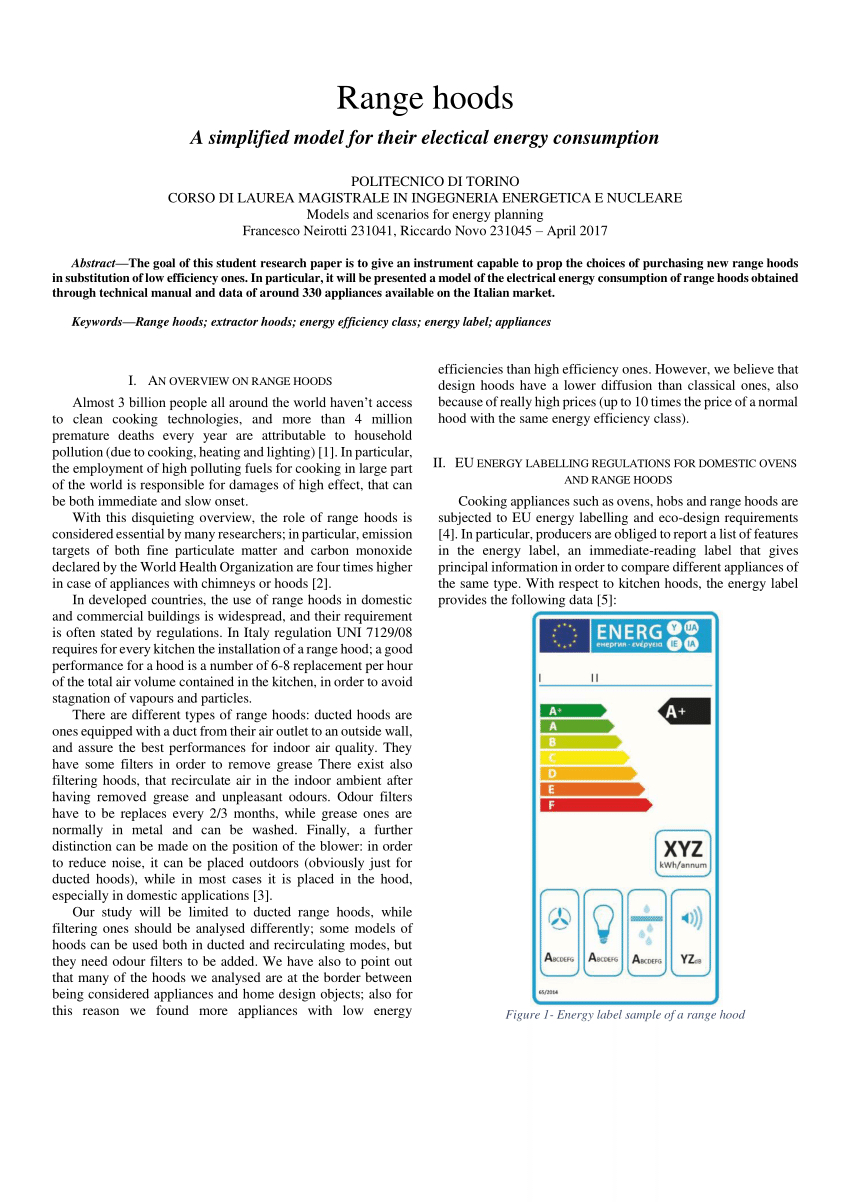 Pdf Range Hoods A Simplified Model For Their Electical pertaining to sizing 850 X 1202