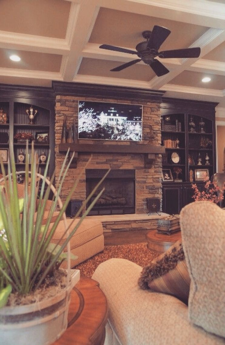 Room Design Coffered Ceiling Stone Fireplace And Built Ins with regard to measurements 742 X 1136