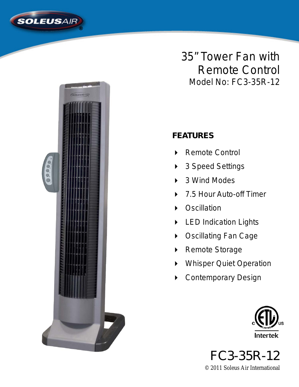 Soleus Air 35 Tower Fan With Remote Control Fc3 35r 12 User throughout sizing 954 X 1235